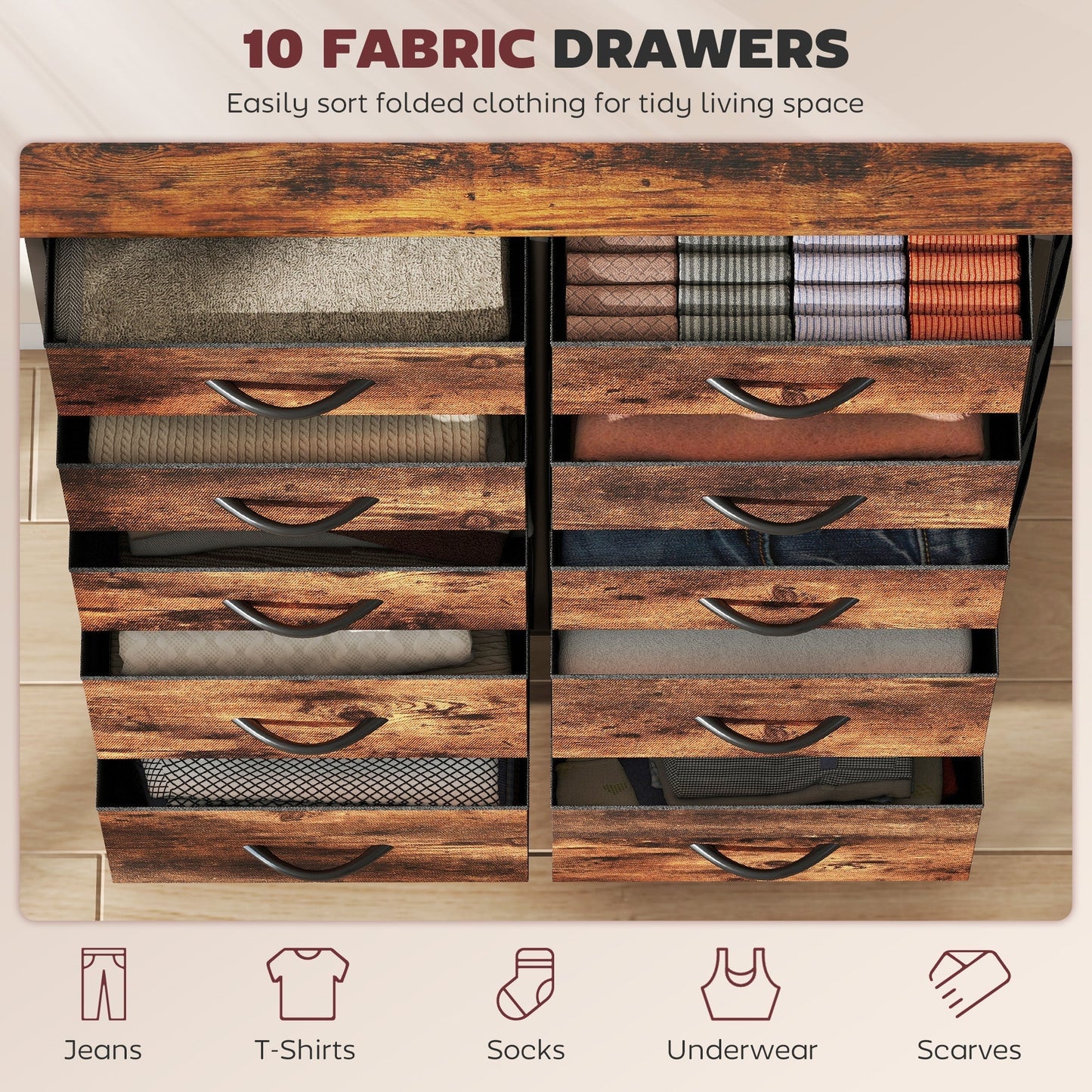 HOMCOM Chest of Ten Fabric Drawers - Rustic Brown