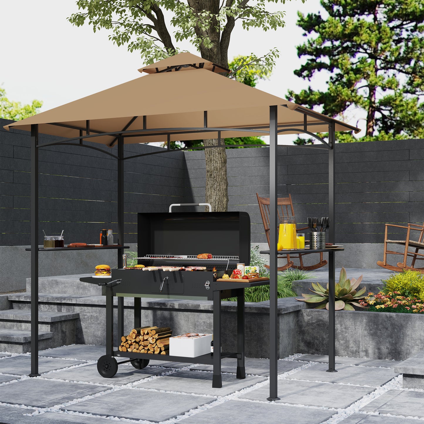 Outsunny 2.5M (8ft) Grill Gazebo Canopy, Double Tiered Outdoor BBQ Gazebo Shelter with 2 Side Shelves for Garden, Patio, Barbecue, Picnic, Khaki
