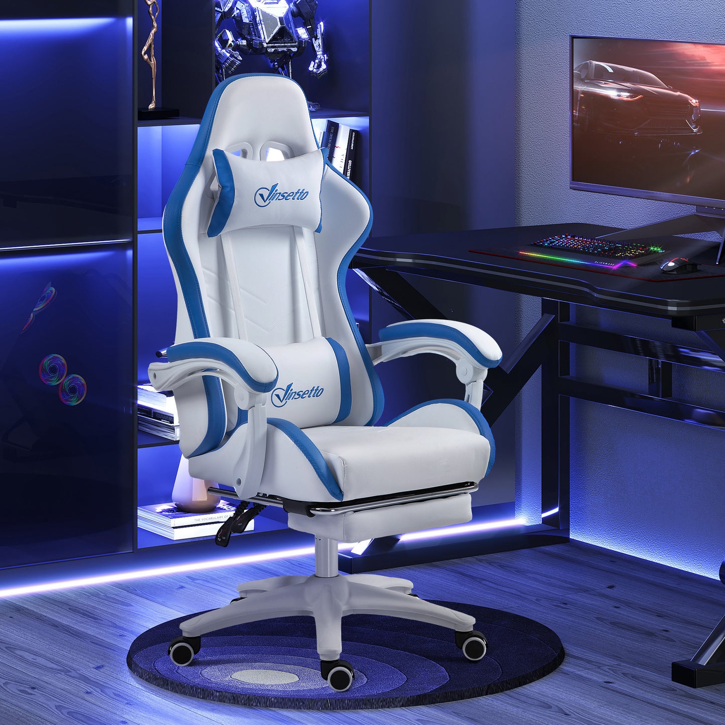 Vinsetto Computer Gaming Chair, PU Leather Desk Chair with Footrest, Swivel Task Chair with 135√Ç¬∞ Reclining Back and Lumbar Support, PC Chair for Adults, White and Blue