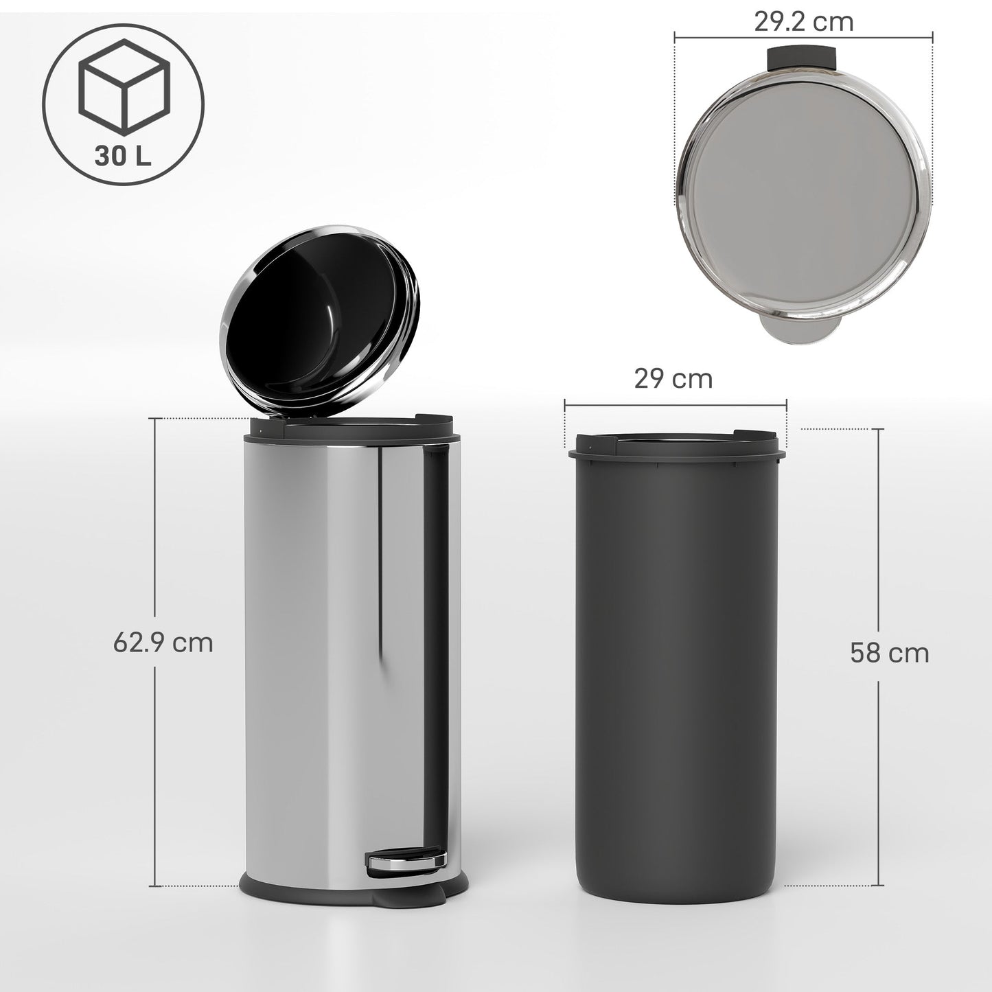 HOMCOM Kosz na śmieci ze stali nierdzewnej z pedałem, metalowa pokrywa, 30 l, srebrna
