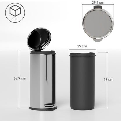 HOMCOM Kosz na śmieci ze stali nierdzewnej z pedałem, metalowa pokrywa, 30 l, srebrna