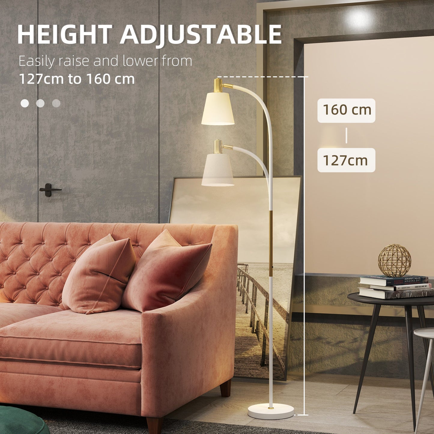 HOMCOM Lampa podłogowa do salonu, lampa stojąca do czytania z reflektorem i regulowaną wysokością, przełącznik kołyskowy włącz/wyłącz, oświetlenie wewnętrzne do sypialni, biura, białe (żarówka nie jest dołączona)