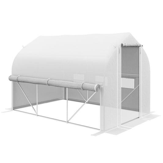 Outsunny 3 x 2(m) Tunel foliowy typu walk-in, ściany boczne zwijane na suwak, drzwi z siatki, 6 okien z siatki, namiot tunelowy z osłoną z polietylenu, bezpłatne etykiety na rośliny i rękawiczki, biały