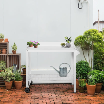 Outsunny Garden Outdoor Metal Potting Table Bench Planting Workstation Push Cart with Wheels Side Hanger - White