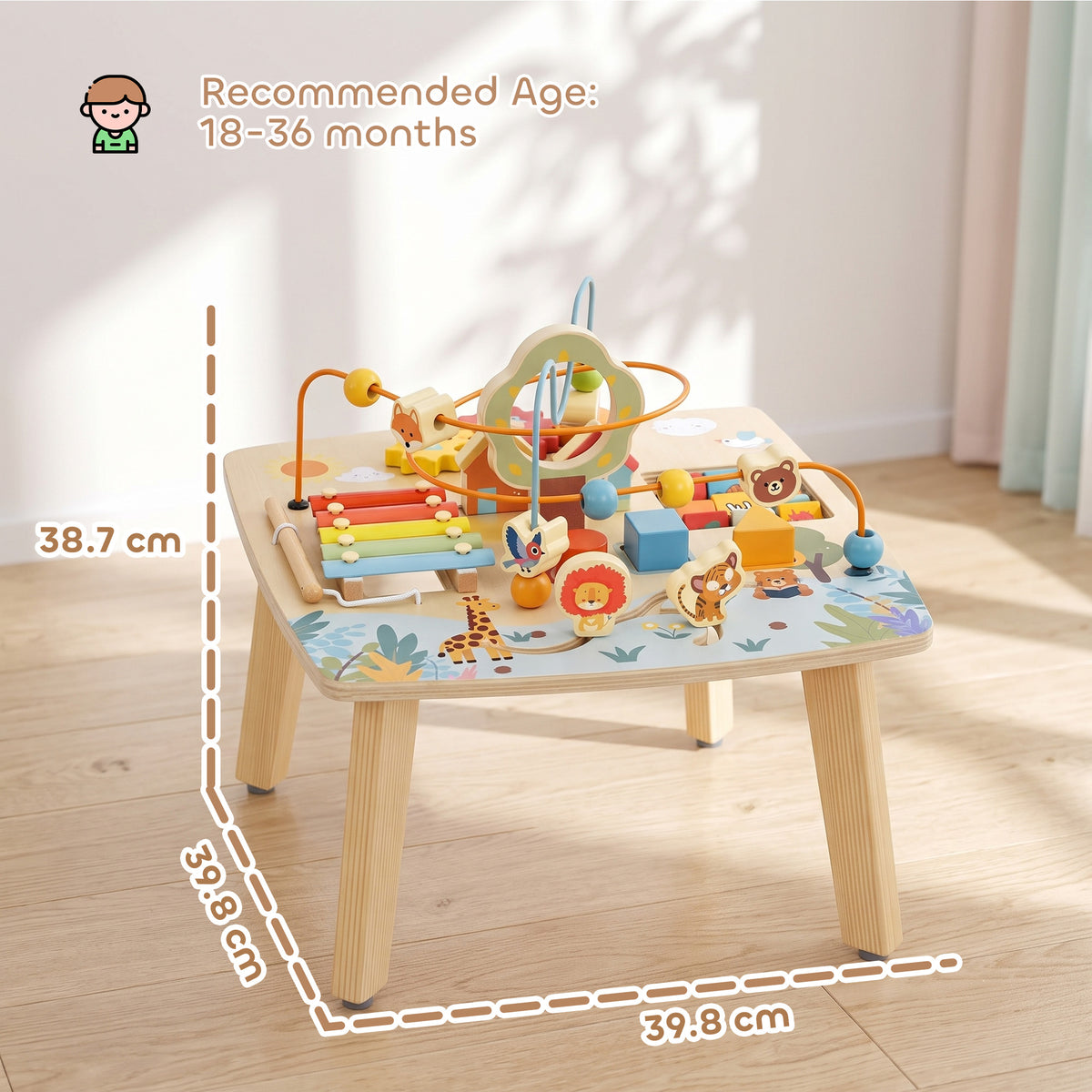 AIYAPLAY Wooden Baby Activity Table, 6 In 1 Montessori Learning Table with Bead Maze, Shape Sorter and Xylophone for 18M-3Y