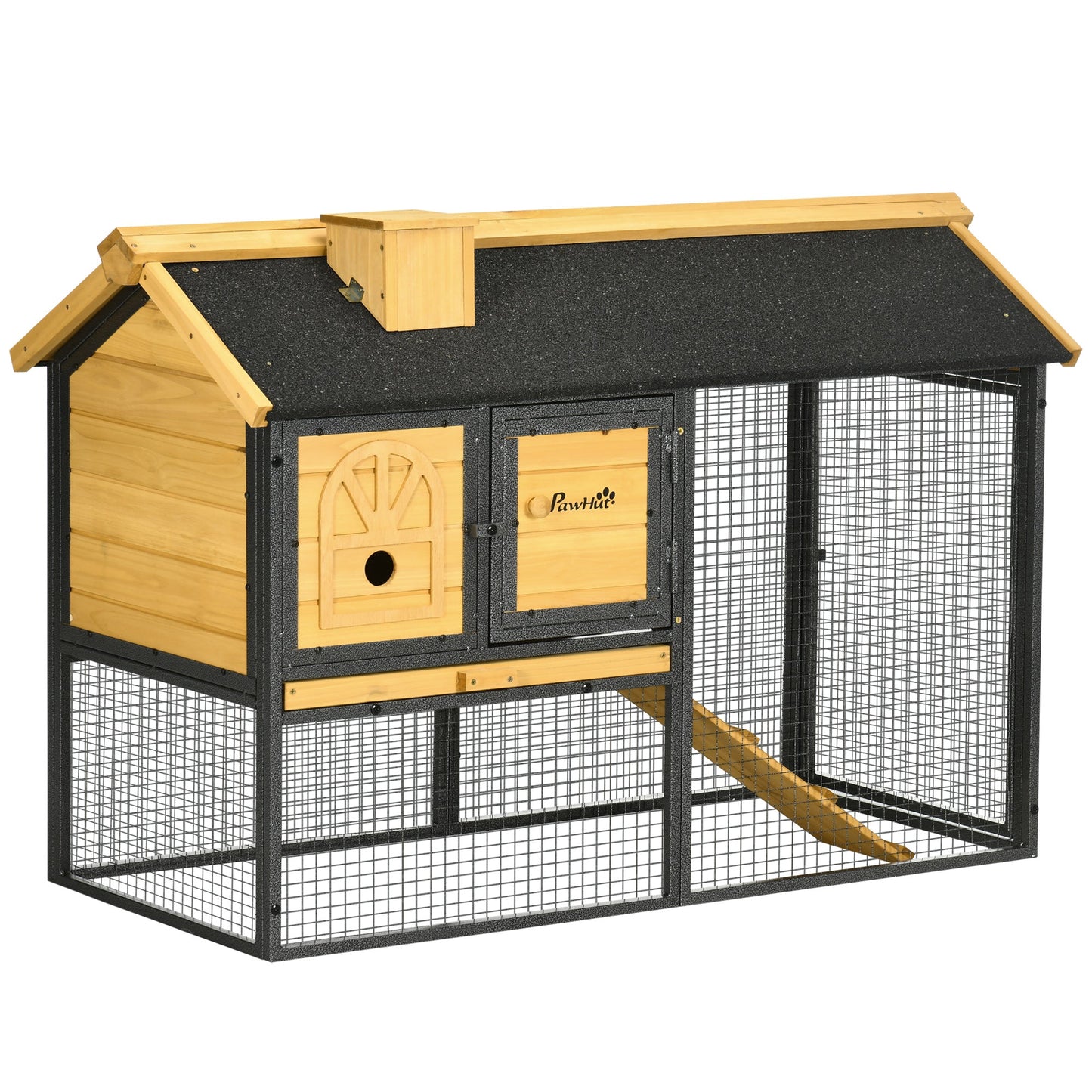 PawHut Outdoor Rabbit Hutch, with Run, Removable Tray, Asphalt Roof, 120 x 55.5 x 80cm