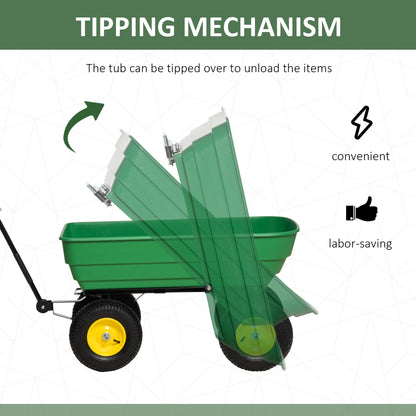 عربة حديقة كبيرة سعة 125 لترًا من Outsunny عربة ذات 4 عجلات متينة مع مقطورة شاحنة قلابة - خضراء