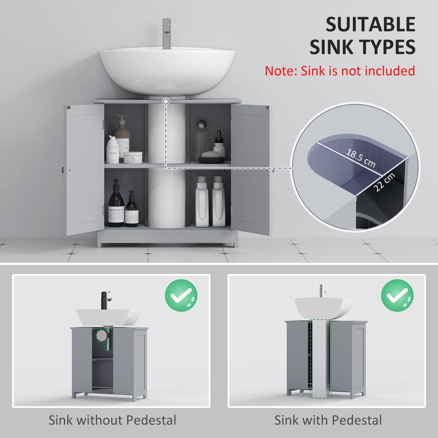 kleankin 60x60cm Under-Sink Storage Cabinet w/ Adjustable Shelf Handles Drain Hole Bathroom Cabinet Space Saver Organizer Grey
