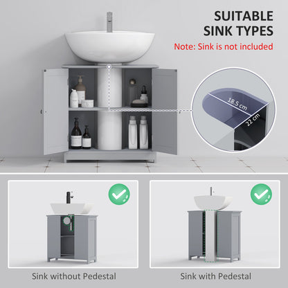 kleankin 60x60cm Under-Sink Storage Cabinet w/ Adjustable Shelf Handles Drain Hole Bathroom Cabinet Space Saver Organizer Grey