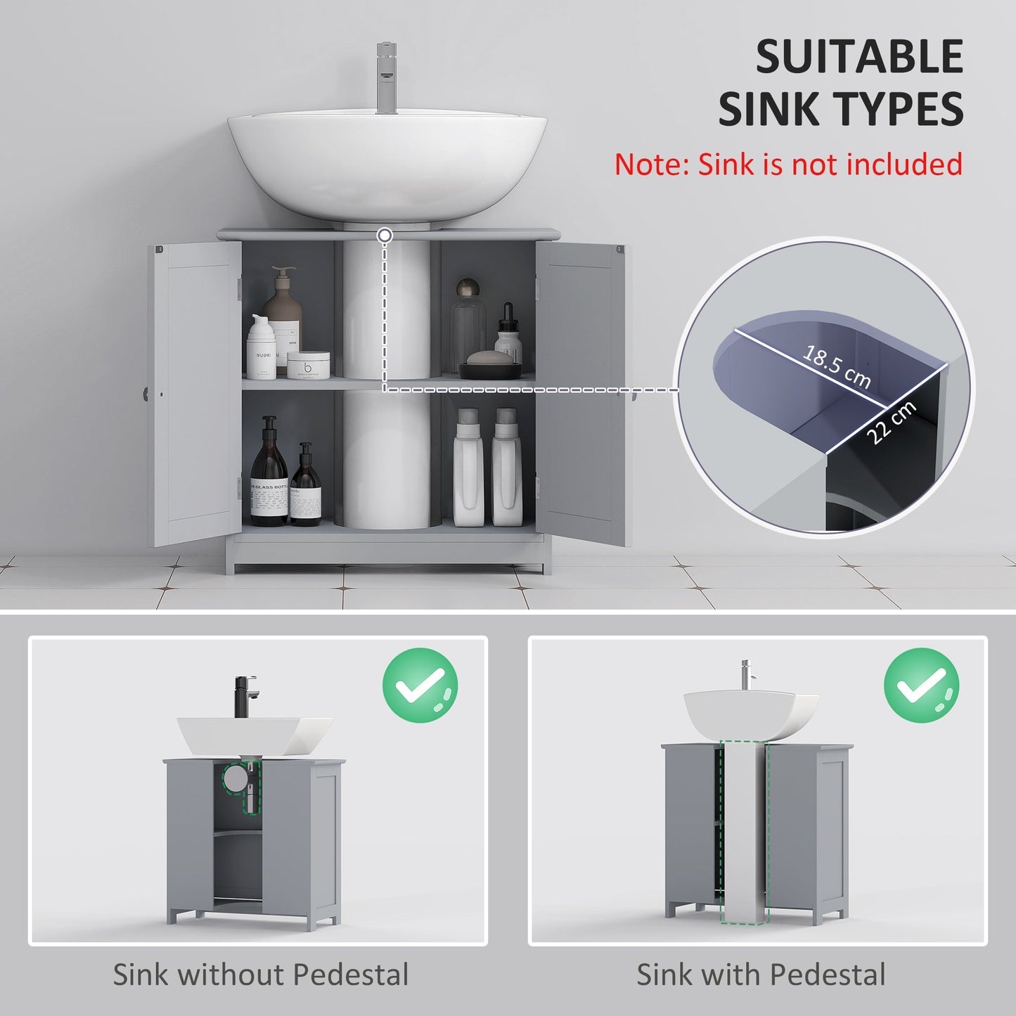 kleankin 60x60cm Under-Sink Storage Cabinet w/ Adjustable Shelf Handles Drain Hole Bathroom Cabinet Space Saver Organizer Grey