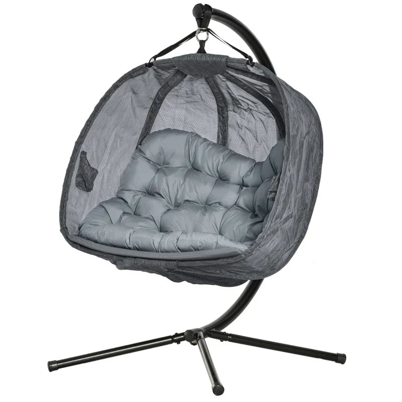 Outsunny 2-Seater Hanging Egg Chair with Stand, Cushion and Folding Design - Grey