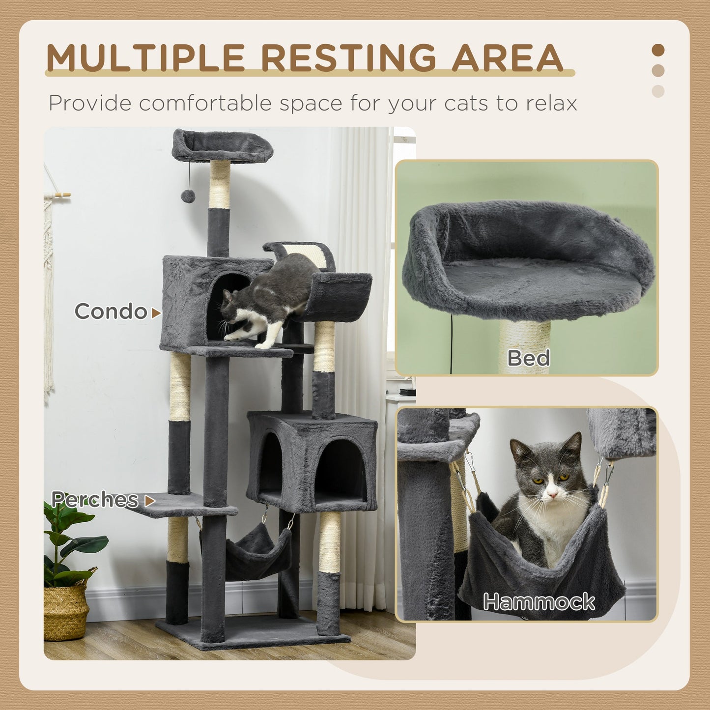 PawHut 177cm Cat Tree with Scratching Post, Hammock, Cat House - Dark Grey