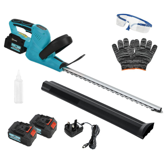 Outsunny Cordless Hedge Trimmer, Electric Hedge Cutter with 51cm Blade, Brushless Motor and 2 Batteries for Branches, Shrubs, Twigs, Blue