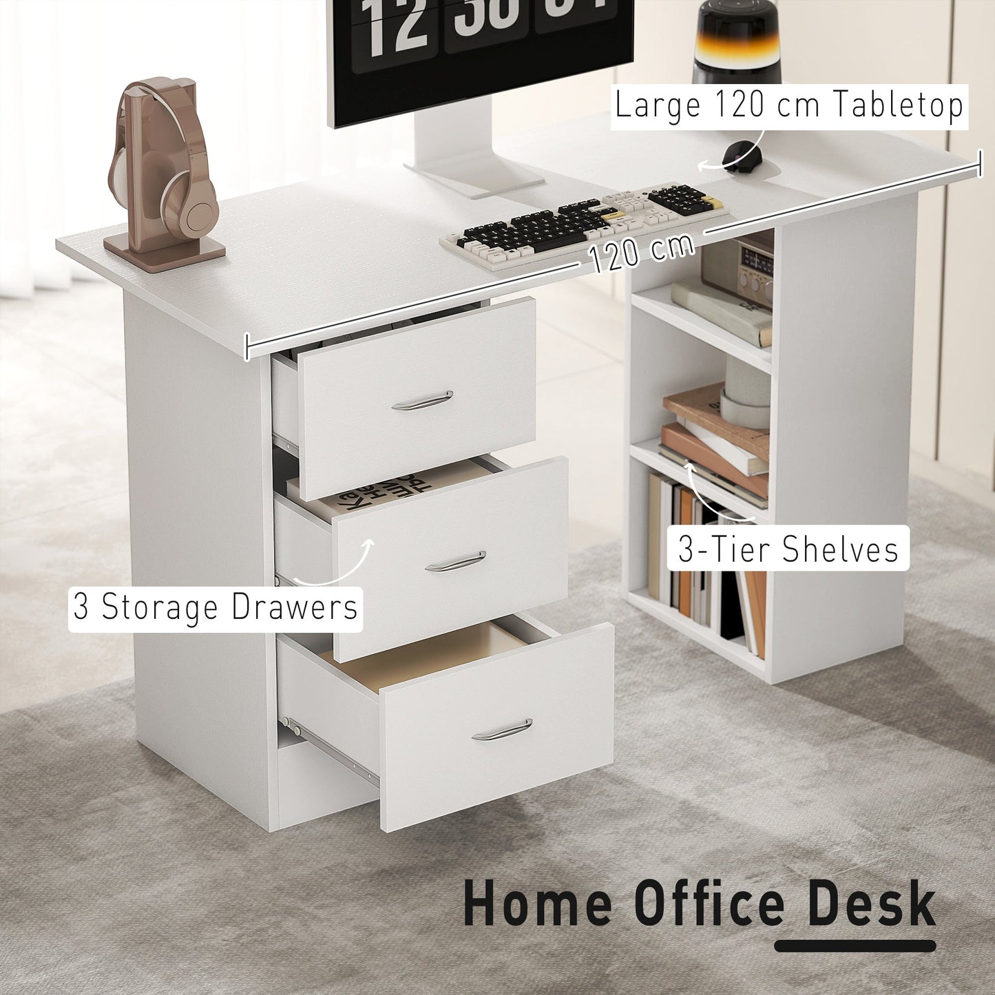 HOMCOM Computer Desk, Writing Table, PC Workstation with 3 Storage Shelves and Drawers, Silver Handle, for Home Office, White