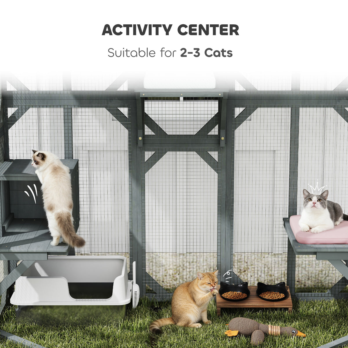 PawHut Catio Outdoor Cat Enclosure, Wooden Cat House with Platforms, Condo and Waterproof Cover for 2-3 Kittens, Grey