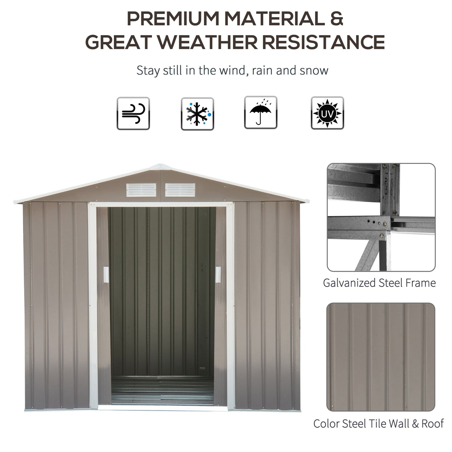 Outsunny 7ft x 4ft Lockable Garden Metal Storage Shed Storage Roofed Tool Metal Shed w/ Air Vents Steel Grey