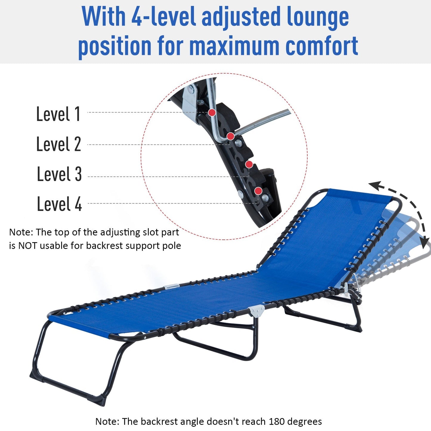 Outsunny Folding Sun Lounger Beach Chaise Chair Garden Reclining Cot Camping Hiking Recliner with 4 Position Adjustable Back - Blue