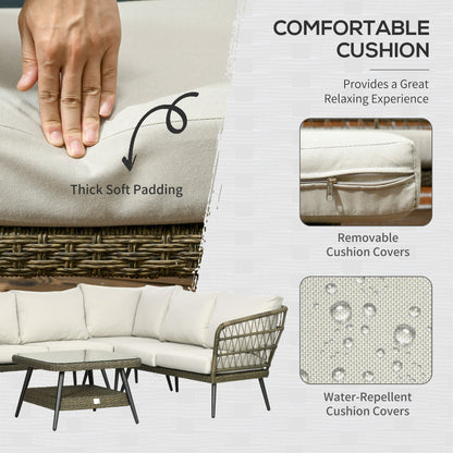 Outsunny 5-częściowa narożna sofa ogrodowa z rattanu, okrągła i podwójna, półokrągła, pleciona, rattanowa, meble ogrodowe z grubymi, wyściełanymi poduszkami i blatem ze szkła hartowanego, dwupoziomowy stół, szary