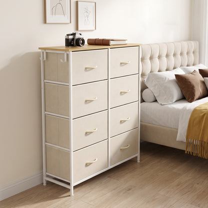 HOMCOM Chest of Drawers, Dresser with 8 Fabric Drawers, Tall Storage Unit with 4 Pockets and 2 Hooks Steel Frame, Beige