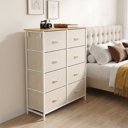 HOMCOM Chest of Drawers, Dresser with 8 Fabric Drawers, Tall Storage Unit with 4 Pockets and 2 Hooks Steel Frame, Beige