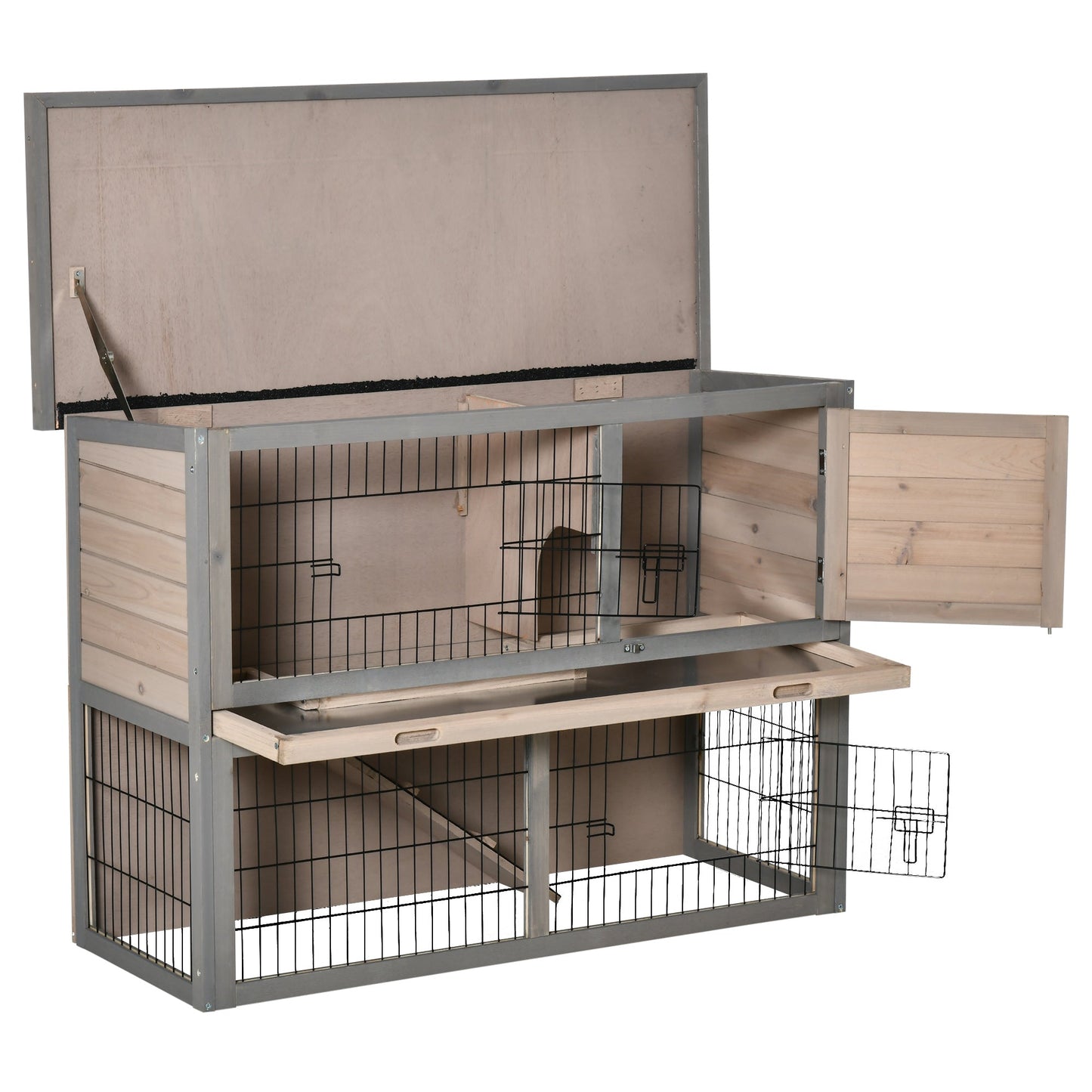 PawHut 2 Tier Wooden Rabbit Hutch Guinea Pig House Bunny Cage Backyard w/ Ramp Outdoor Run Built-in Tray Openable Roof Small Animal House Brown, 108 x 45 x 78 cm