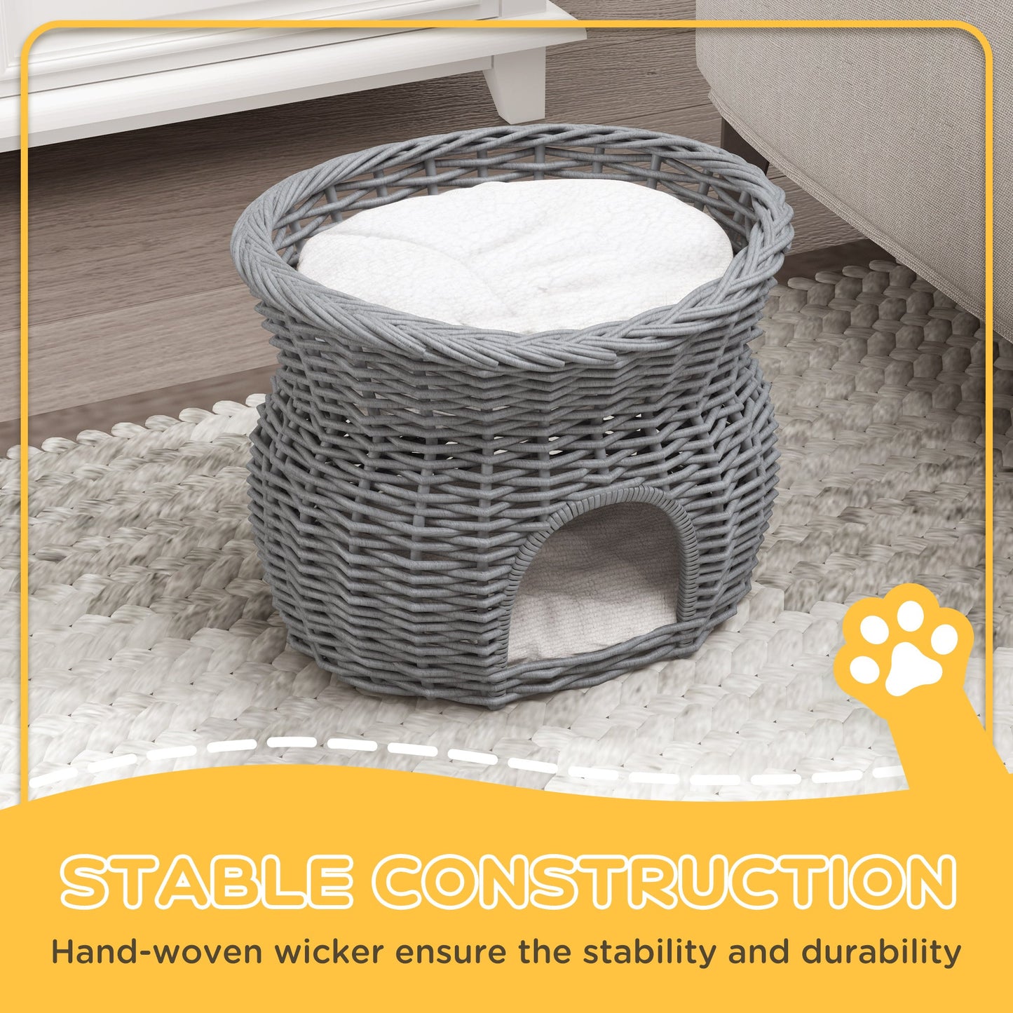 PawHut 2-Tier Wicker Cat House Elevated Pet Bed Basket Willow Kitten Tower Pet Den. Cozy Cave with Washable Cushions 56x37x40cm Grey