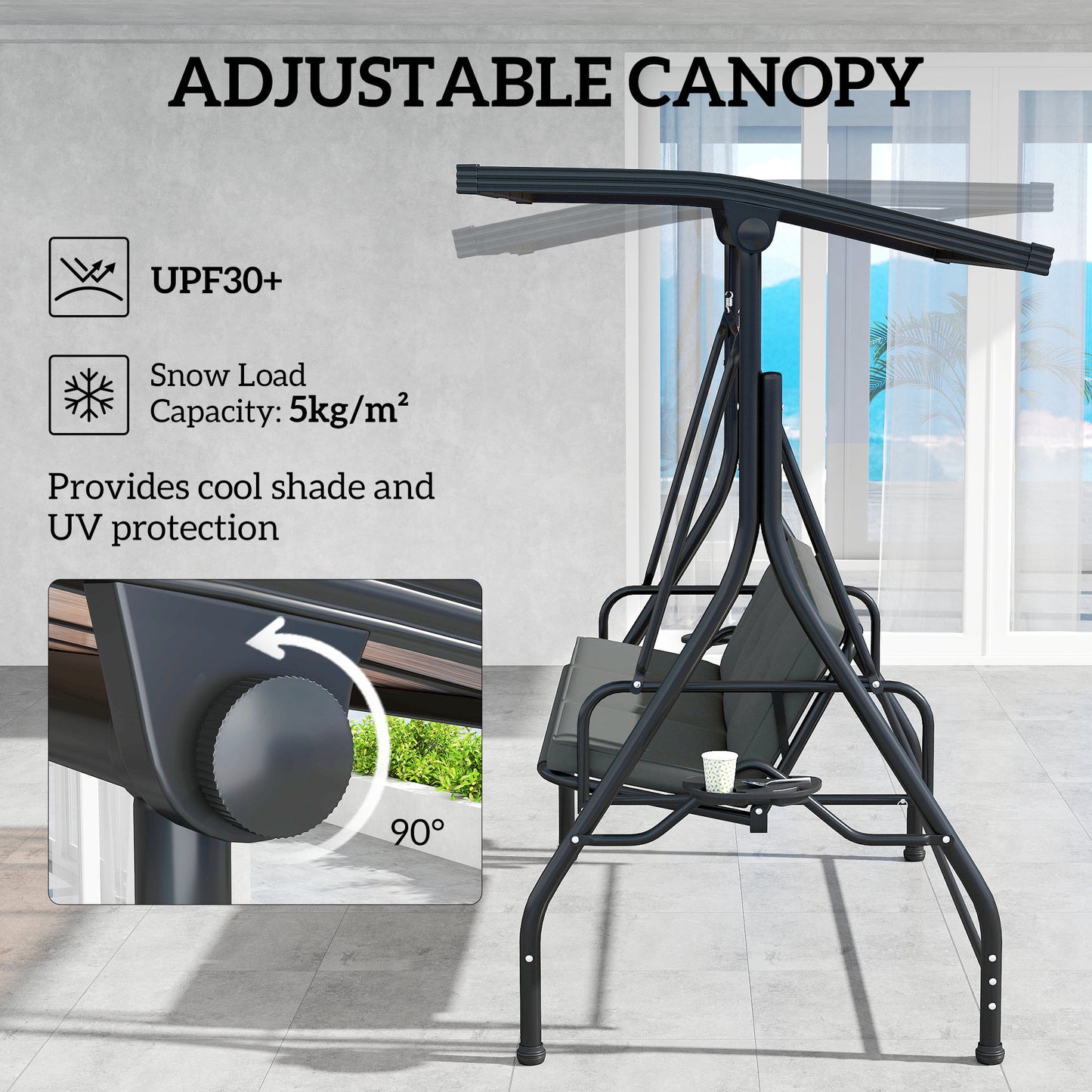 Outsunny Convertible Three-Seater Swing Bench Bed - Ciemnoszary