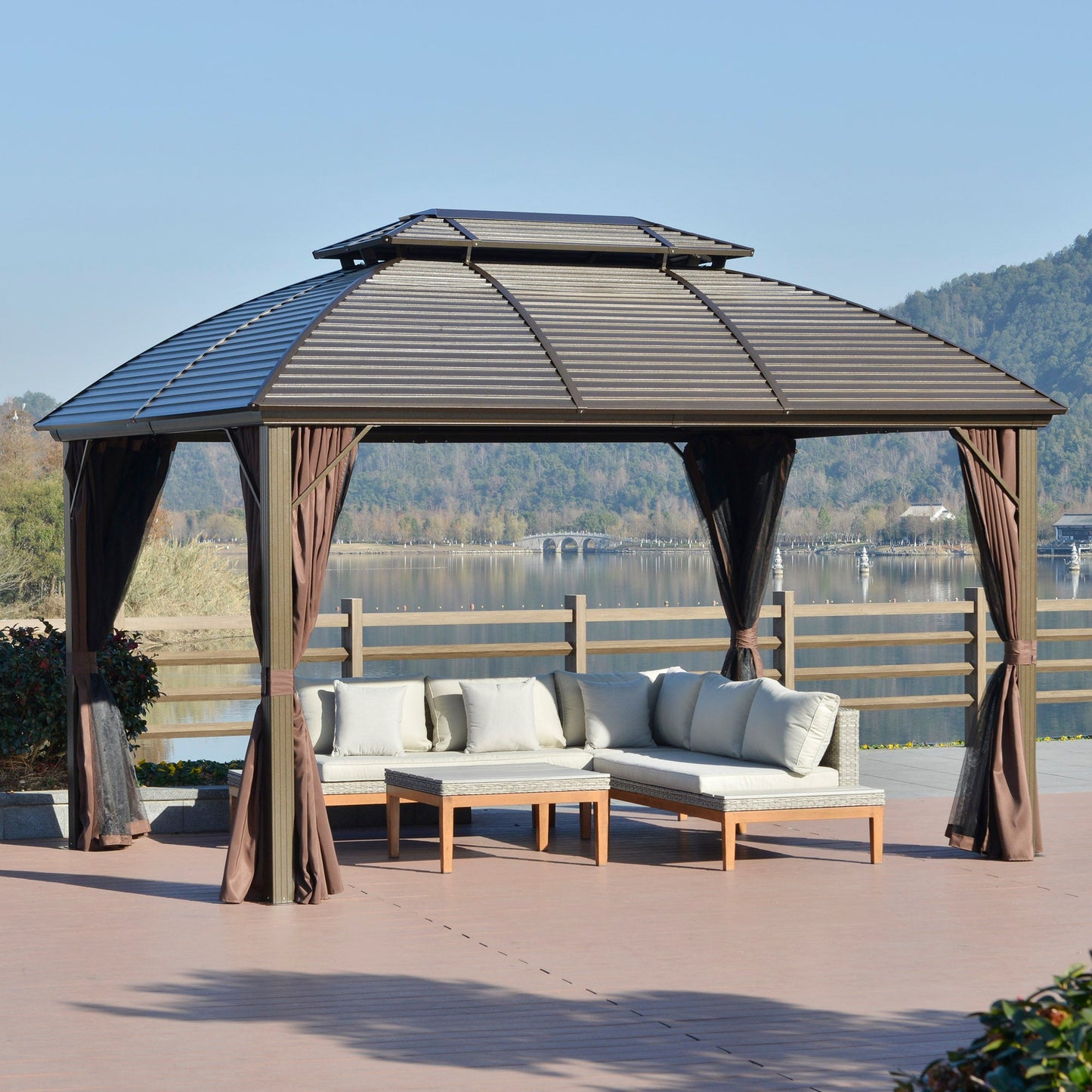 Outsunny 3.65 x 3(m) Hardtop Steel Gazebo Canopy for Patio Heavy Duty Outdoor Pavilion with Aluminium Alloy Frame, Double Roof, Net Sidewalls and Curtains, Brown