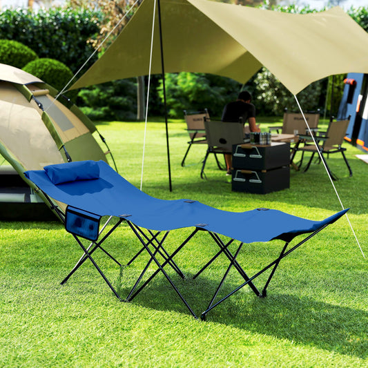 Outsunny składany leżak, leżak do opalania na zewnątrz z kieszenią boczną, zagłówek, siedzisko Oxford, na plażę, podwórko, patio, ciemnoniebieski