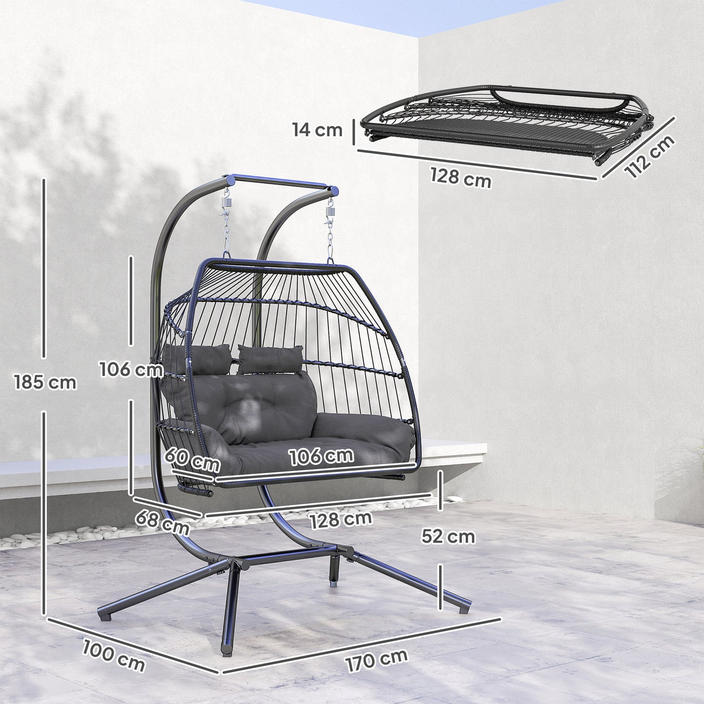 Outsunny Rattan Double Hanging Egg Chair ze stojakiem, składany wiklinowy fotel w kształcie jajka z poduszką, poduszki pod głowę, stalowa rama, fotel hamakowy do wewnątrz i na zewnątrz, nośność 260 kg, ciemnoszary