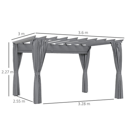 Outsunny 3.6 x 3(m) Outdoor Pergola with Retractable Roof and Curtains, Garden Gazebo Canopy Sun Shade Shelter with Aluminum Frame, Dark Grey