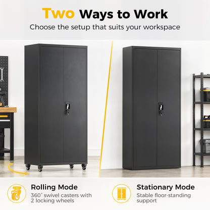 HOMCOM Metal Storage Cabinet, 180 cm Tall Lockable Steel Tool Cabinet with Removable Wheels and Adjustable Shelves, Black