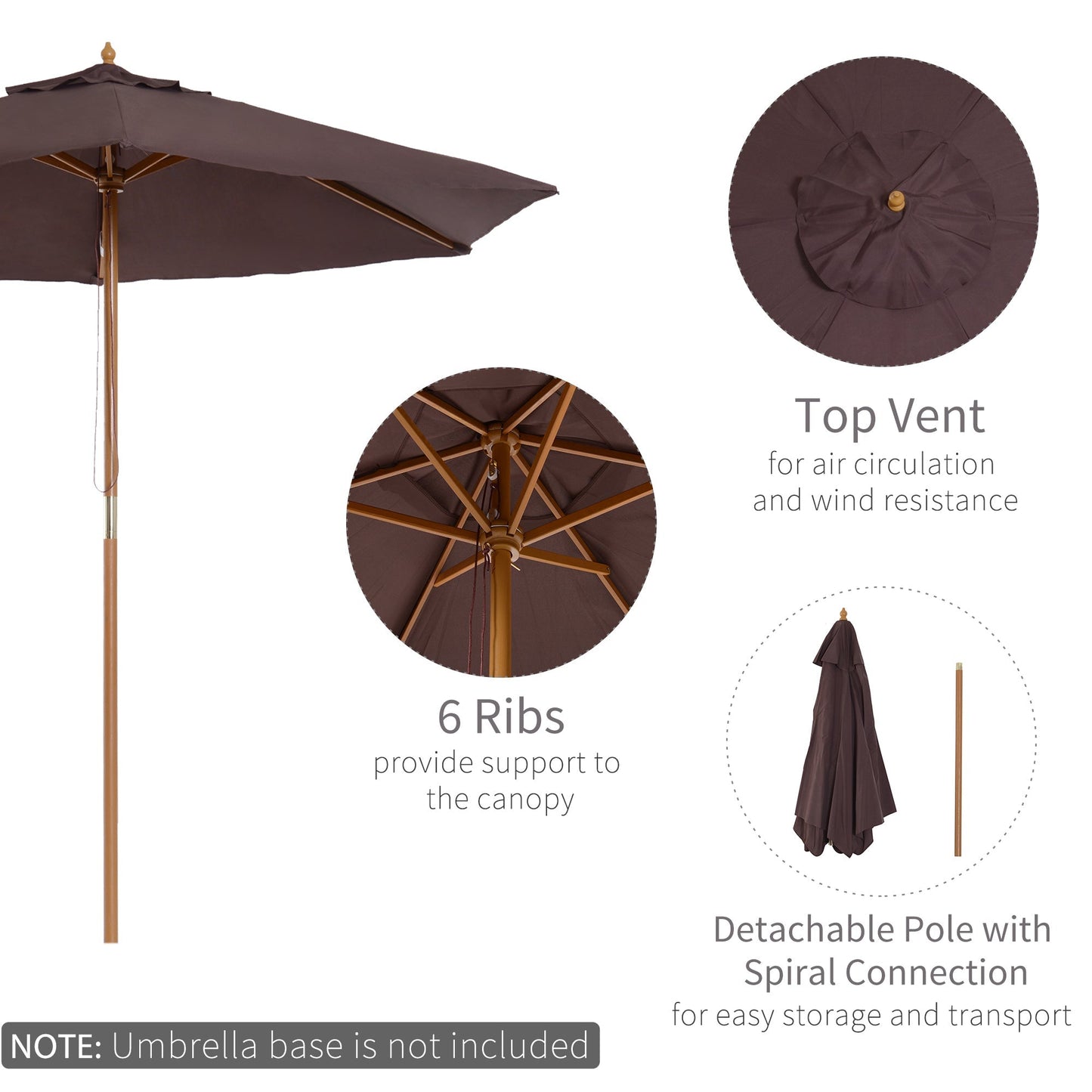 Outsunny 2.5m Wood Wooden Garden Parasol Sun Shade Patio Outdoor Umbrella Canopy -Coffee