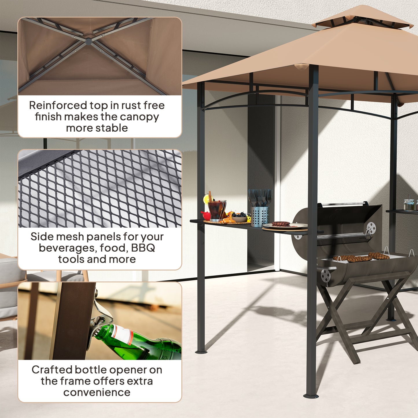 Outsunny 2.5M (8ft) Grill Gazebo Canopy, Double Tiered Outdoor BBQ Gazebo Shelter with 2 Side Shelves for Garden, Patio, Barbecue, Picnic, Khaki
