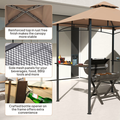 Outsunny 2.5M (8ft) Grill Gazebo Canopy, Double Tiered Outdoor BBQ Gazebo Shelter with 2 Side Shelves for Garden, Patio, Barbecue, Picnic, Khaki