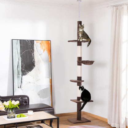 PawHut Floor to Ceiling Cat Tree for Indoor Cats 5-Tier Kitty Tower Climbing Activity Center Scratching Post Adjustable Height 230-260 cm Brown