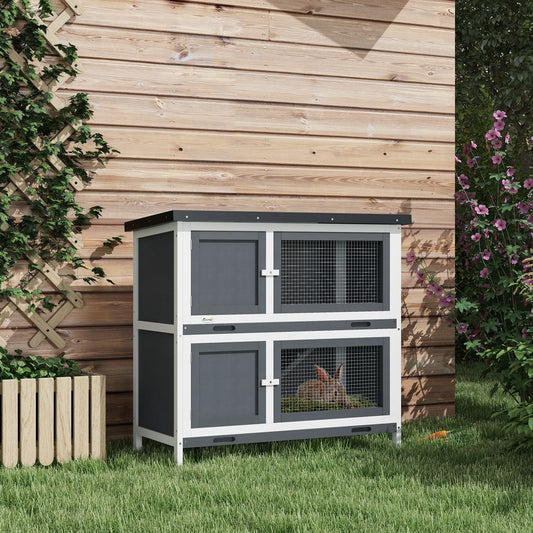 PawHut Double Decker Rabbit Hutch 2 Tier Guinea Pig House Pet Cage Outdoor z wysuwaną tacką, 100 x 47 x 91 cm, szary