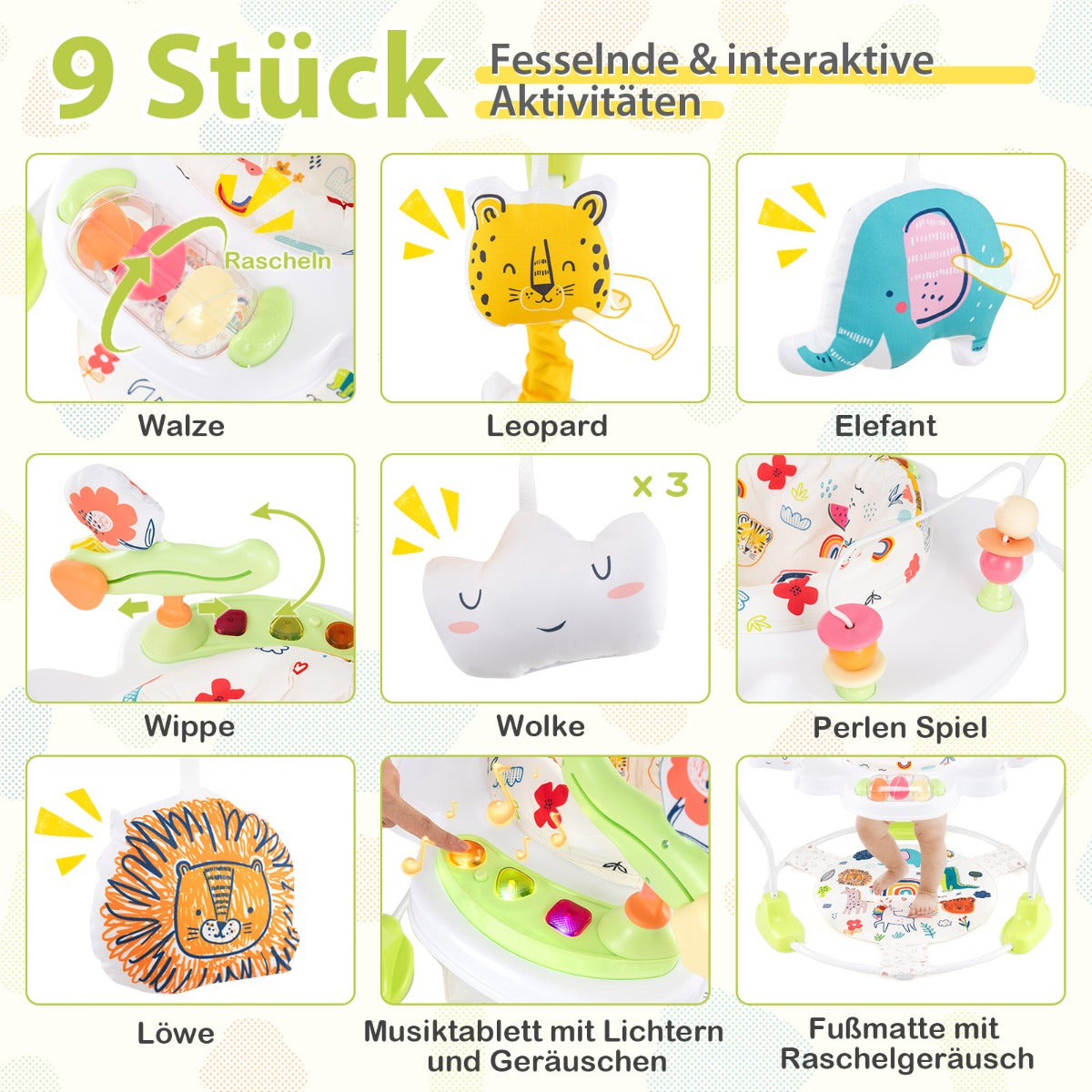 Baby Activity Center with Interactive Toys Musical Tray, Height Adjustable Toddler Spinning Top Yellow