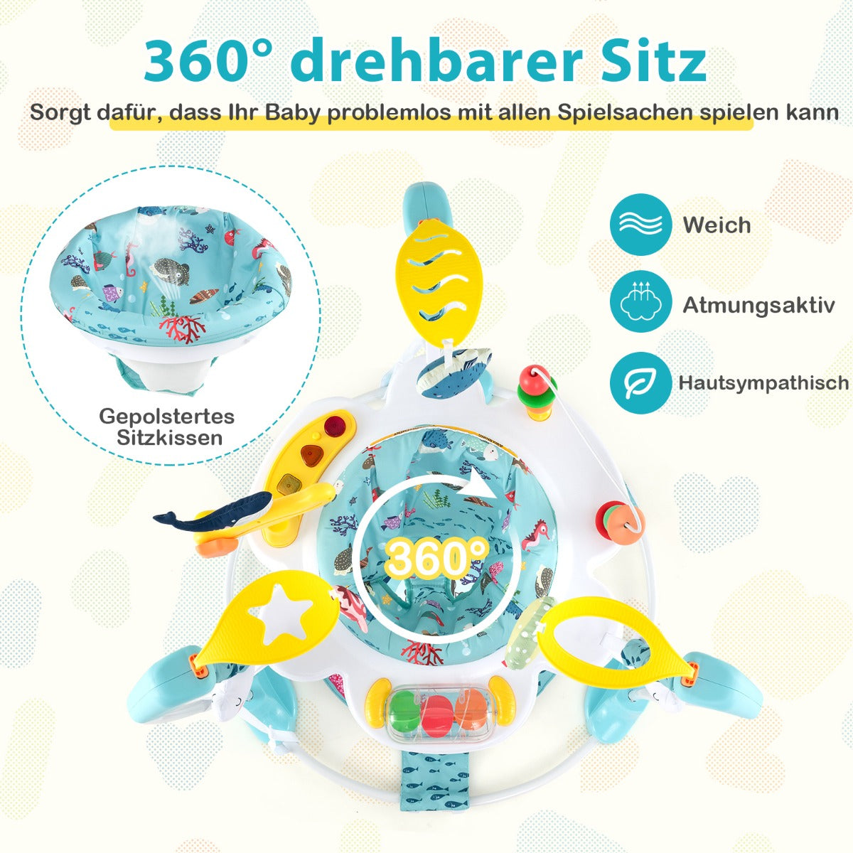 Baby Activity Center with Interactive Toys Musical Tray, Height Adjustable Baby Spinning Top Blue