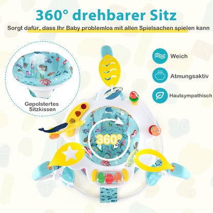 Baby Activity Center with Interactive Toys Musical Tray, Height Adjustable Baby Spinning Top Blue