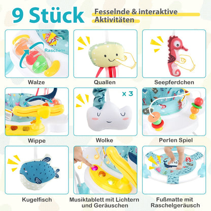 Baby Activity Center with Interactive Toys Musical Tray, Height Adjustable Baby Spinning Top Blue