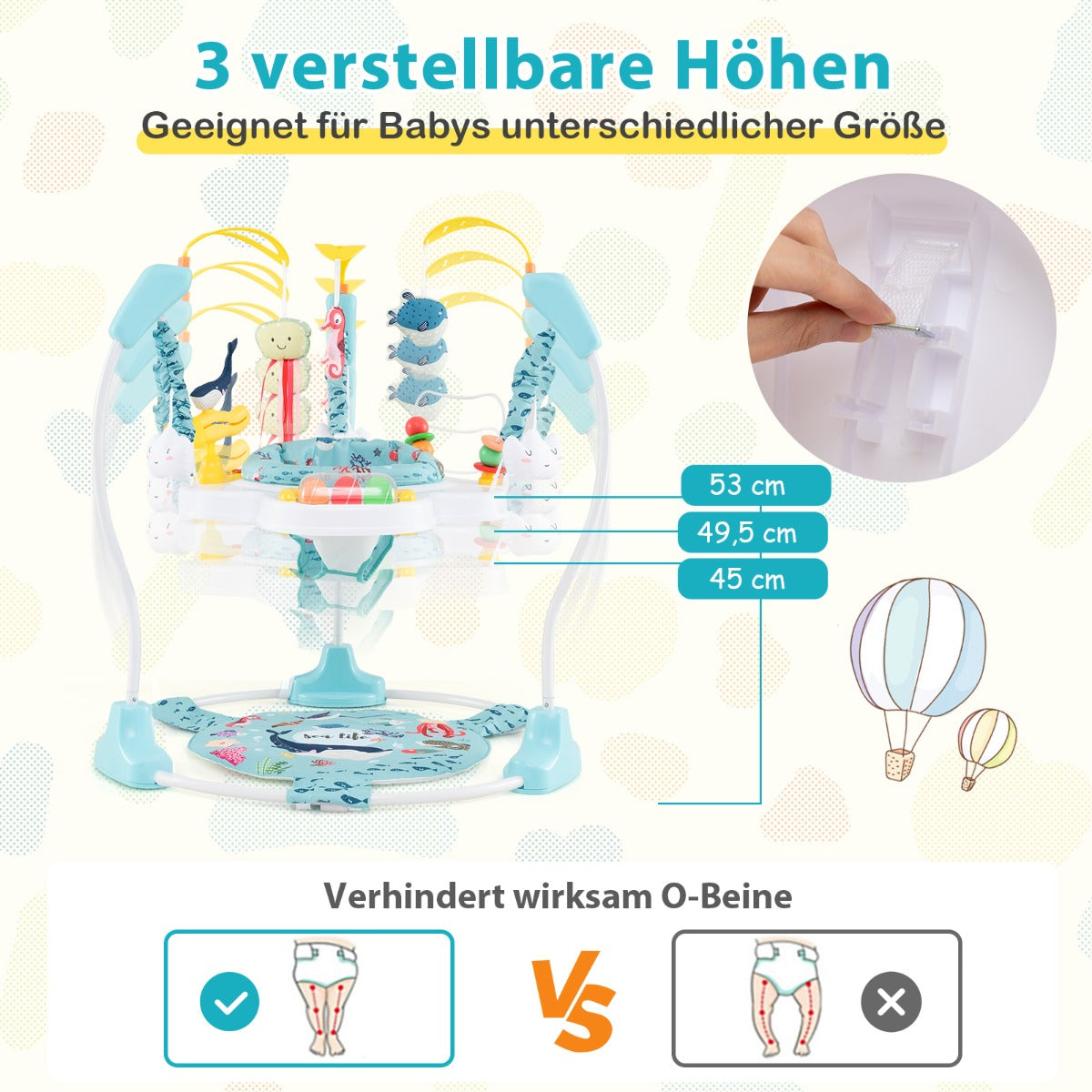 Baby Activity Center with Interactive Toys Musical Tray, Height Adjustable Baby Spinning Top Blue