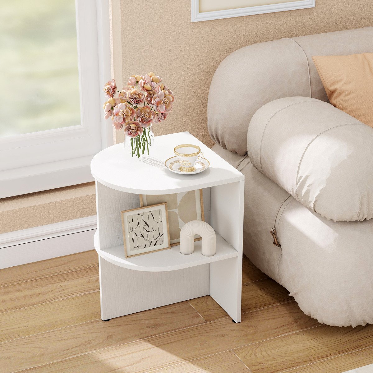 Half Round End Table 2-Tier Half Moon Side Table with Open Shelves-White