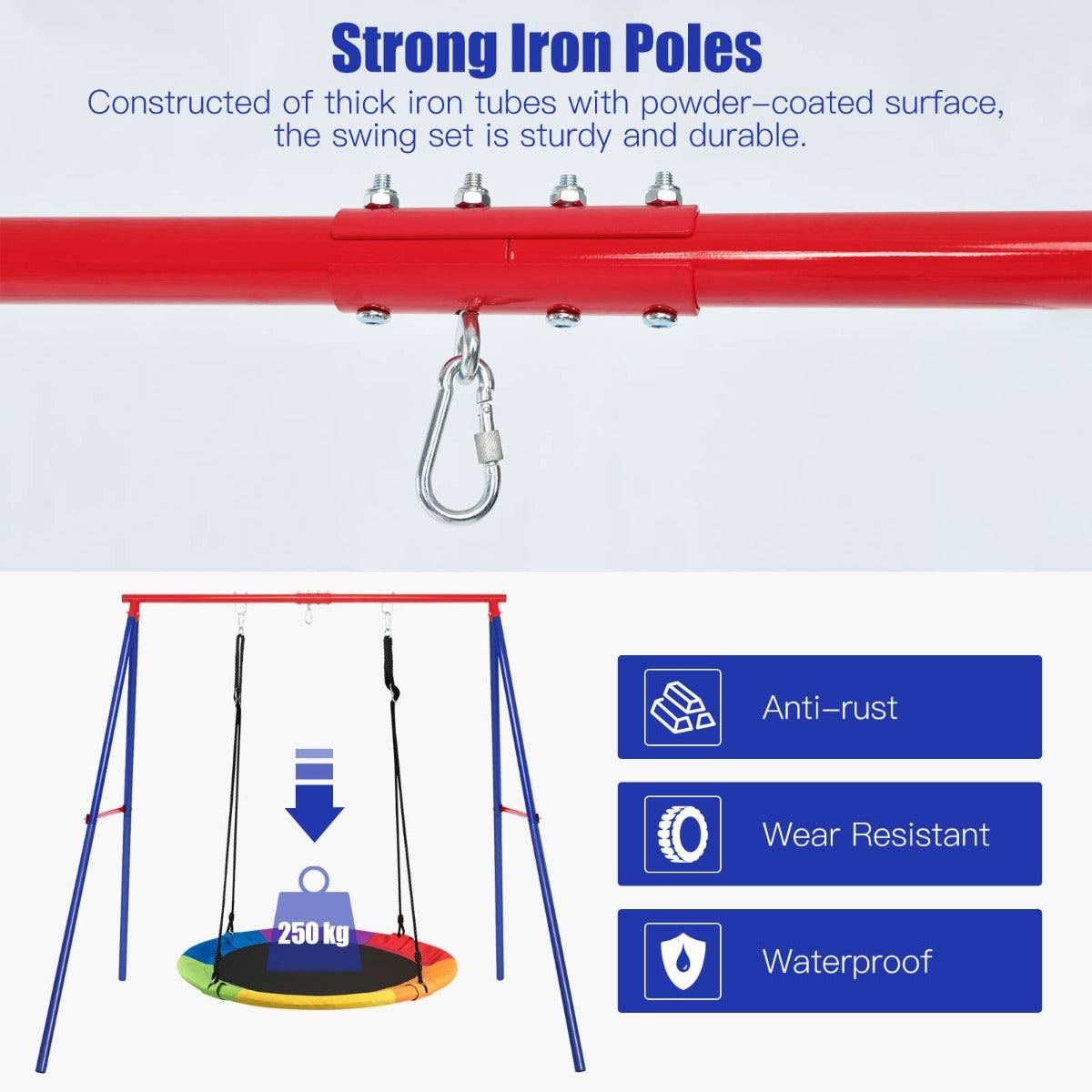 Metal Swing Frame with Ground Stakes and Carabiners-Blue &amp; Red