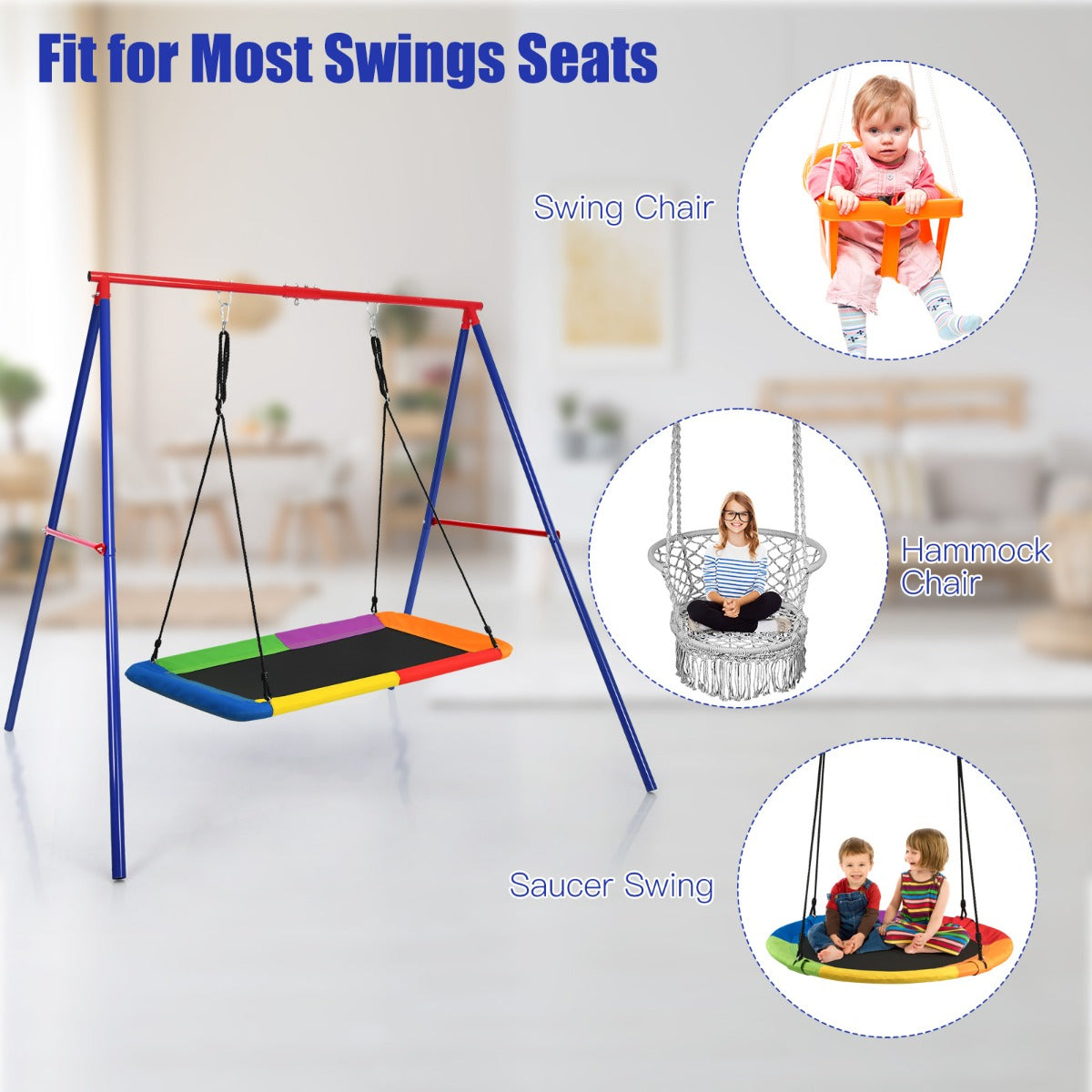 Metal Swing Frame with Ground Stakes and Carabiners-Blue &amp; Red