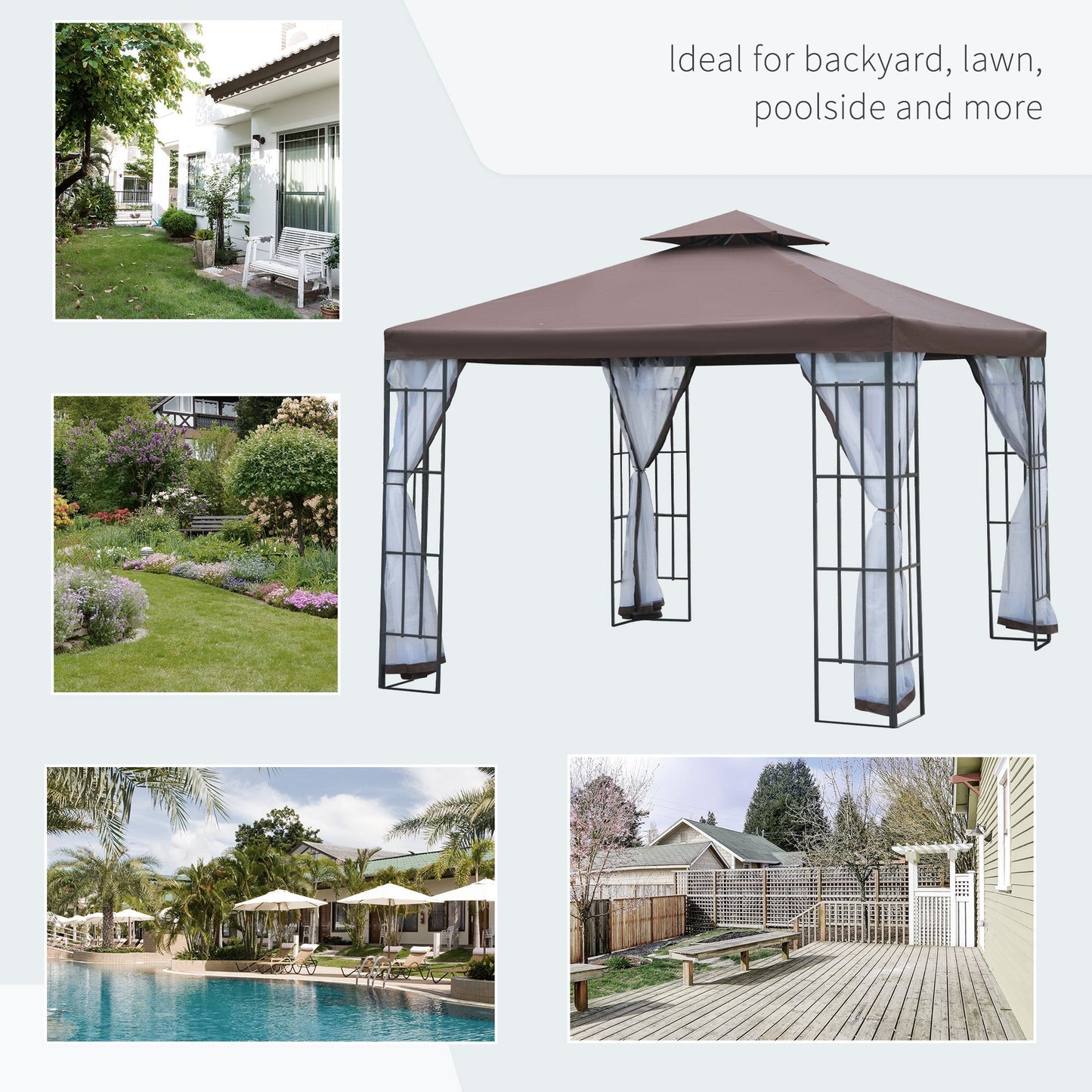 Outsunny 3 x 3(m) Patio Altana Baldachim Pawilon ogrodowy Namiot schronienie z 2-poziomowym dachem i moskitierą, stalowa rama, kolor kawy