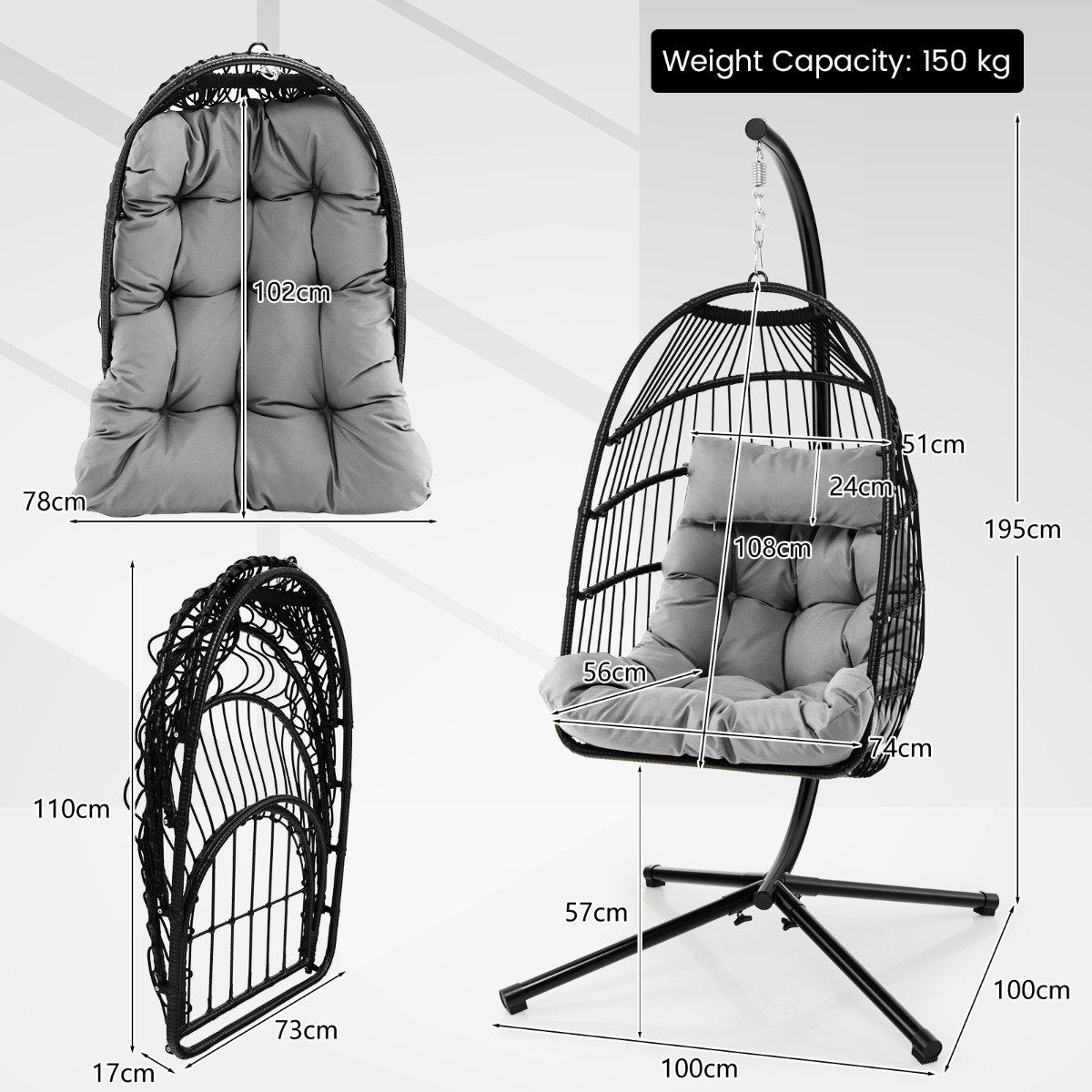 Hanging Swing Egg Chair with Stand Cozy Head Pillow  Cushion-Grey