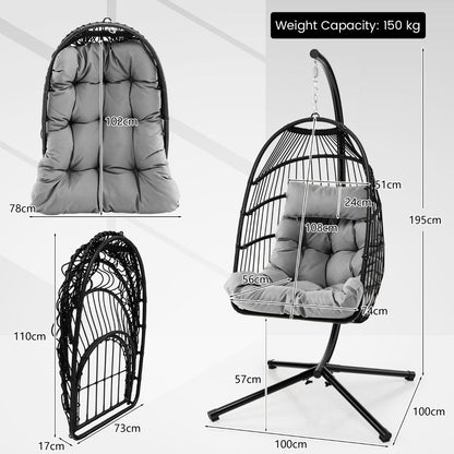 Hanging Swing Egg Chair with Stand Cozy Head Pillow  Cushion-Grey