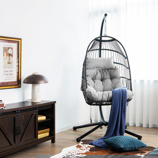 Hanging Swing Egg Chair with Stand Cozy Head Pillow  Cushion-Grey