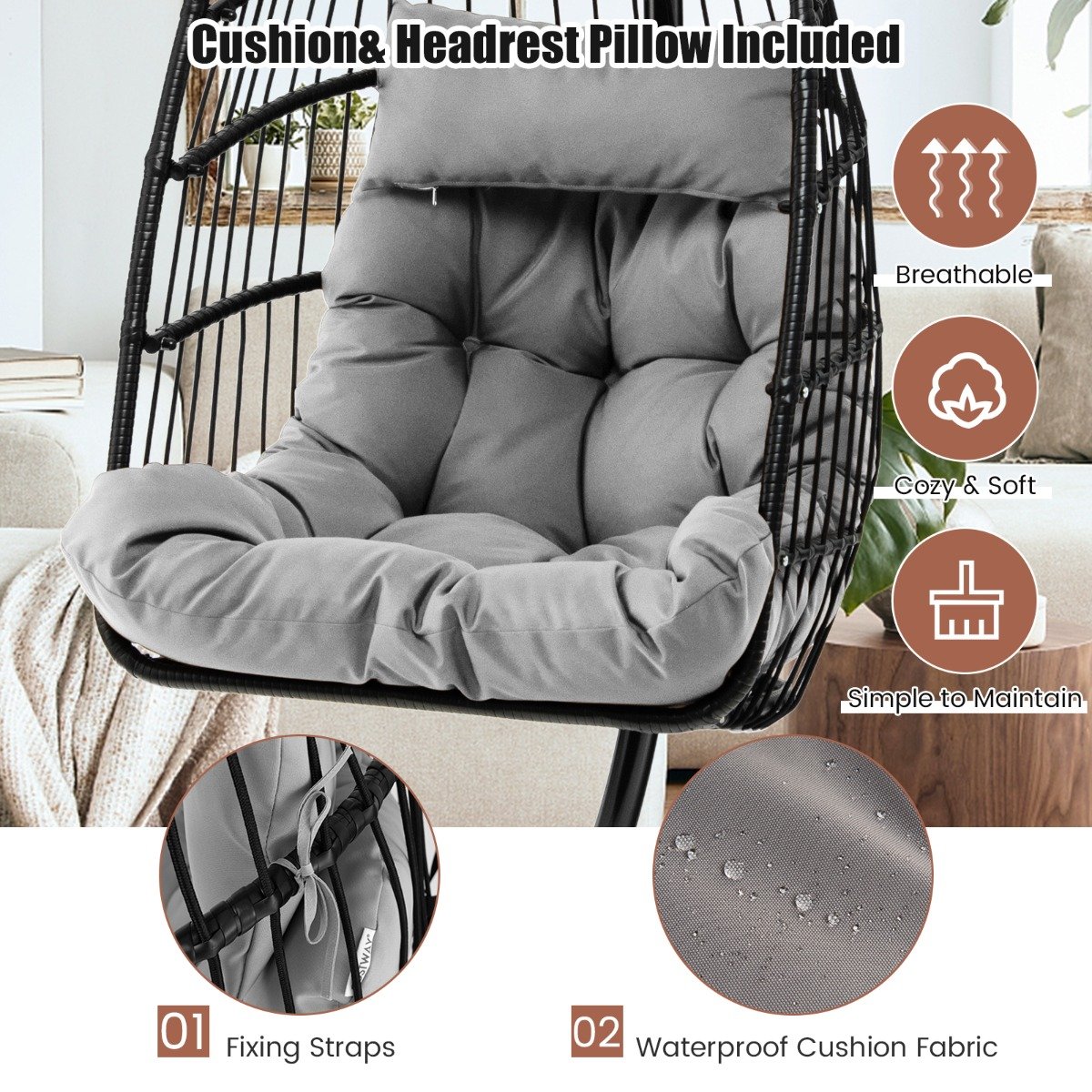 Hanging Swing Egg Chair with Stand Cozy Head Pillow  Cushion-Grey